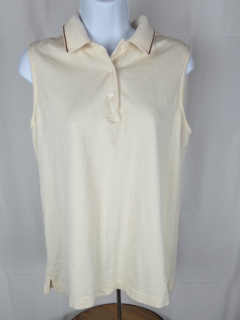 72% Silk...Sleeveless Polo Tank Top in Cream with Contrast Collar Trim